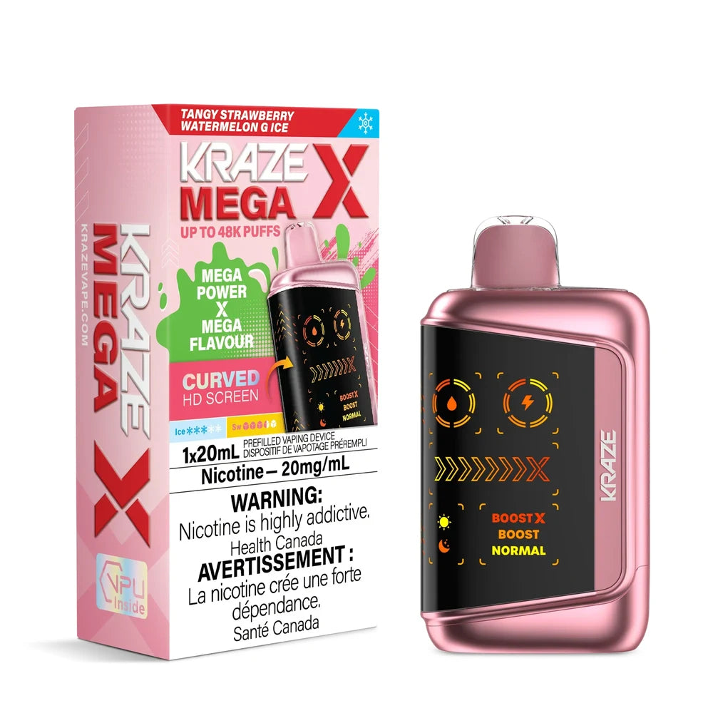 Kraze Mega X Tangy Strawberry Watermelon G Ice disposable vape device in metallic pink and black next to its matching pink packaging featuring a curved HD screen and nicotine warning labels.
