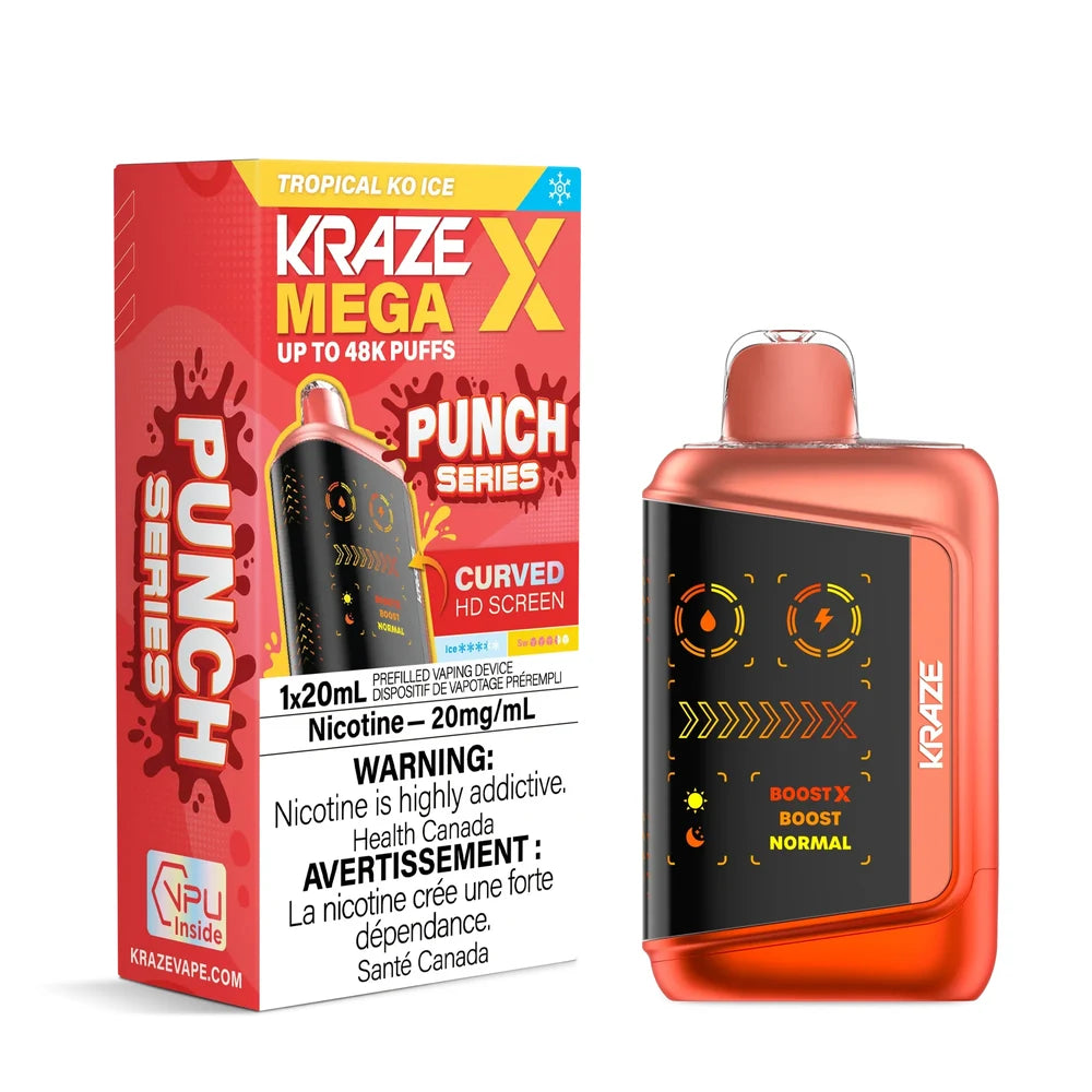 Kraze Mega X Tropical KO Ice disposable vape featuring a metallic orange body with a curved HD screen next to its red and yellow Punch Series packaging.
