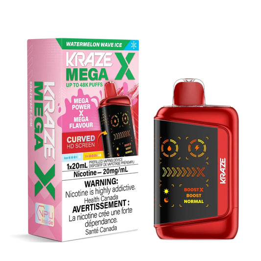 Kraze Mega X Watermelon Wave Ice disposable vape device in metallic red with a curved HD screen next to its pink and green retail packaging.