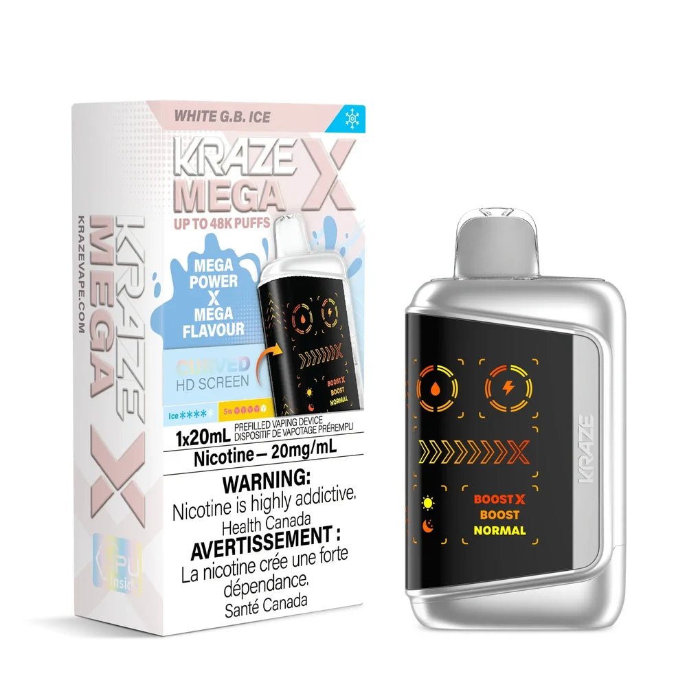 Kraze Mega X White GB Ice disposable vape device with a metallic silver body and a digital screen,