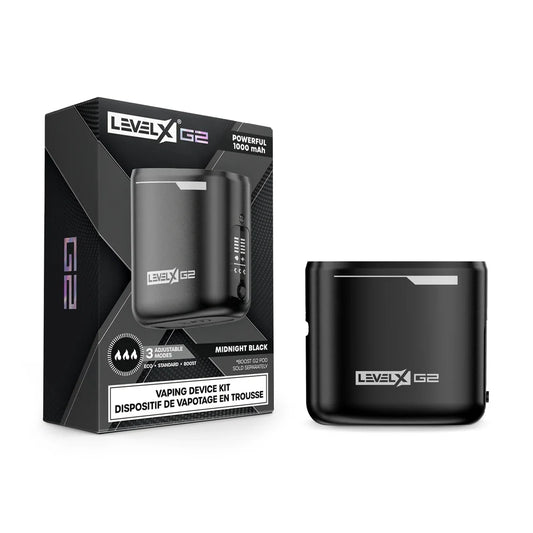 A Level X Boost G2 vaping device in midnight black is shown next to its product packaging, which features the brand name, a 1000 mAh battery specification, and a diagram indicating three adjustable power modes.