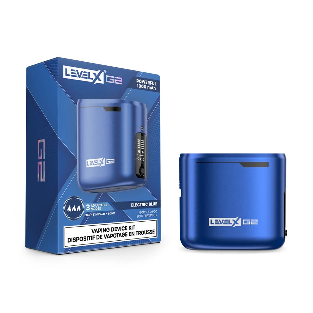 The Level X Boost G2 device kit in Electric Blue is displayed next to its matching blue product packaging, which features the brand name, a 1000 mAh battery specification, and information about its three adjustable vaping modes.