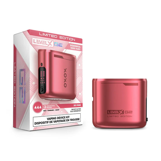 A Level X Boost G2 limited edition vaping device kit in metallic XO Pink is displayed next to its matching retail packaging, which features a 1000 mAh battery specification and three adjustable power modes.