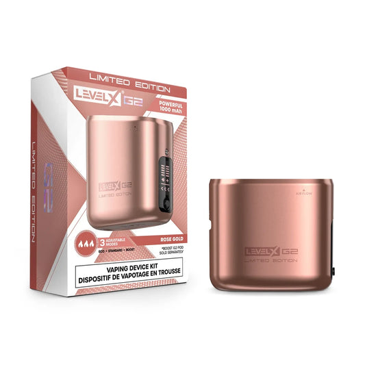 A Level X Boost G2 limited edition vaping device kit in rose gold is displayed next to its matching product packaging, which features the device's 1000 mAh battery capacity and three adjustable power modes.