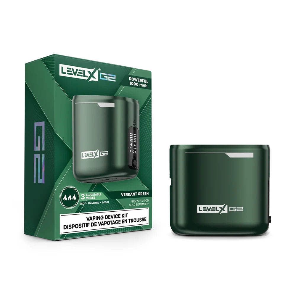 A Verdant Green Level X Boost G2 vaping device kit sits next to its matching green product box, which features the Level X G2 logo, a 1000 mAh battery specification, and a display showing three adjustable power modes.