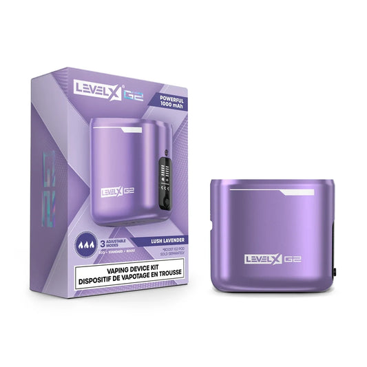 The Level X Boost G2 device kit in Lush Lavender is shown next to its purple product packaging, featuring a metallic finish, a 1000 mAh battery, and a digital display screen.
