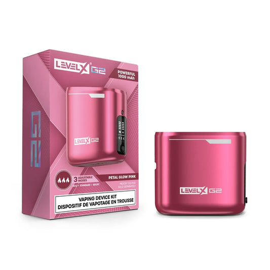 A pink Level X Boost G2 vaping device kit is displayed next to its matching retail box, which features the product name, 1000 mAh battery capacity, and three adjustable power modes.