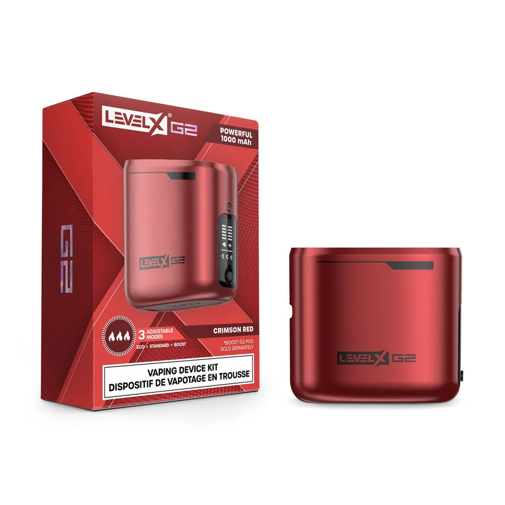 A Crimson Red Level X Boost G2 vaping device kit stands next to its matching red packaging box, which features the product name, a 1000 mAh battery specification, and a label indicating three adjustable power modes.