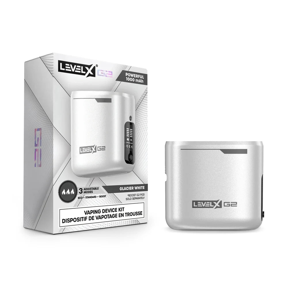 A white Level X Boost G2 vaping device kit is displayed next to its matching retail packaging, both featuring a metallic Glacier White finish and branding that indicates a 1000 mAh capacity and three adjustable power modes.