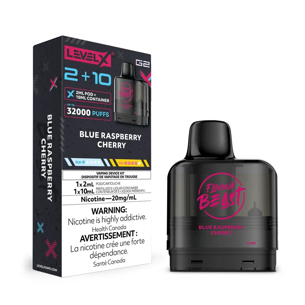 Level X G2 Blue Raspberry Cherry vape pod and its black packaging featuring the Flavour Beast logo, 2+10 pod system details, and a nicotine warning label.