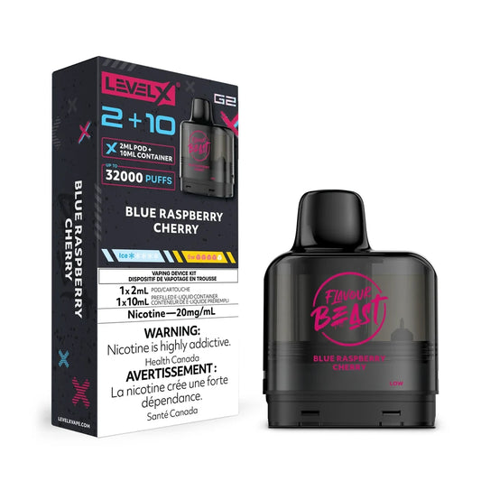 Level X G2 Blue Raspberry Cherry vape pod and its black packaging featuring the Flavour Beast logo, 2+10 pod system details, and a nicotine warning label.