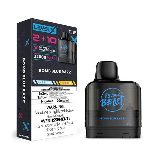 Level X G2 2+10 Bomb Blue Razz vape pod and its black packaging featuring Flavour Beast branding, 20mg/mL nicotine warning, and blue accents.