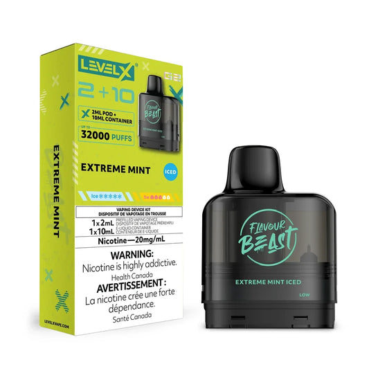 Level X G2 Extreme Mint Iced vape pod by Flavour Beast shown next to its lime green and white packaging featuring 32000 puffs and 20mg/mL nicotine warning labels.