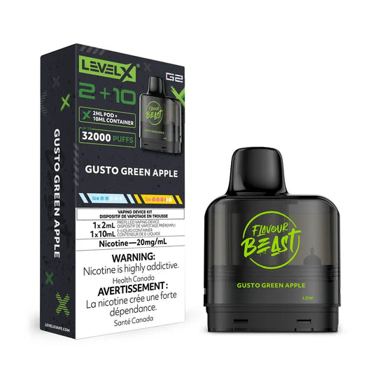 Level X G2 Gusto Green Apple vape pod and its black packaging featuring green Flavour Beast branding and 32000 puffs text against a white background.
