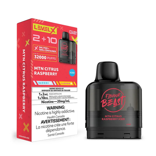 Level X G2 MTN Citrus Raspberry Iced vape pod and its red and white packaging featuring Flavour Beast branding and 32000 puffs text.