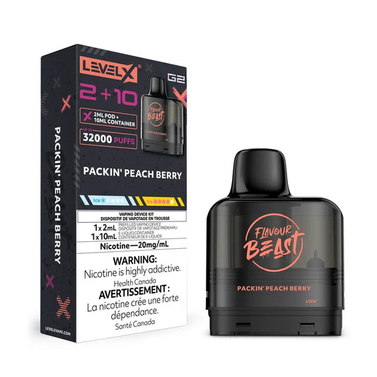 Level X G2 2+10 Packin' Peach Berry vape pod and its black packaging featuring Flavour Beast branding, 32000 puffs, and 20mg/mL nicotine warning labels.