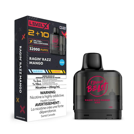Level X G2 2+10 Ragin' Razz Mango Iced vape pod and its black packaging featuring Flavour Beast branding and nicotine warning labels.