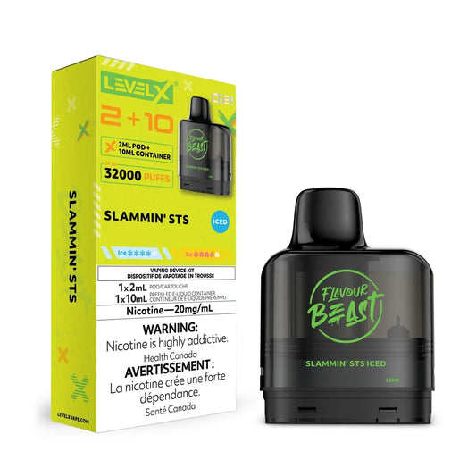 Level X G2 Slammin' STS Iced vape pod and its lime green packaging featuring Flavour Beast branding, 20mg/mL nicotine warning, and 32000 puffs label.