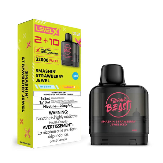 A Level X G2 Smashin' Strawberry Jewel Iced vape pod stands next to its yellow and white Flavour Beast packaging, which displays product details and a nicotine warning.
