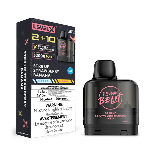 Level X G2 STR8 UP Strawberry Banana Iced vape pod and its black packaging featuring the Flavour Beast logo, 32000 puffs count, and nicotine warning labels.