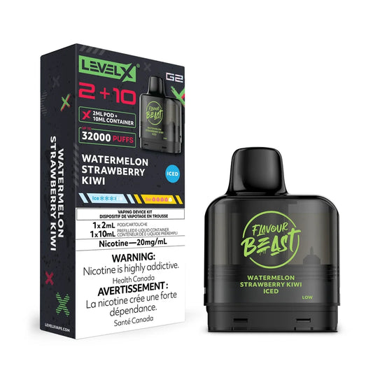 Level X G2 Watermelon Strawberry Kiwi Iced vape pod and its black packaging featuring Flavour Beast branding and nicotine warning labels.