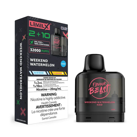 A Level X G2 Weekend Watermelon Iced vape pod stands next to its black and white retail packaging featuring Flavour Beast branding and a 32000 puffs rating.