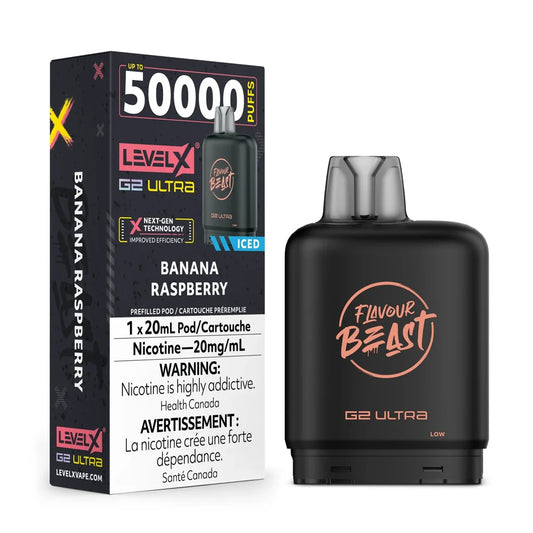 A black Level X G2 Ultra vape pod sits next to its matching product box, which features the text Banana Raspberry, 50000 Puffs, and nicotine warning labels against a dark, branded background.