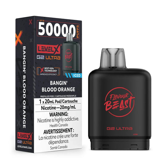 A Level X G2 Ultra 50,000 puff vape pod in Bangin' Blood Orange Iced flavor stands next to its black and red product packaging, which displays the nicotine warning, 20mL capacity, and 20mg/mL nicotine strength.