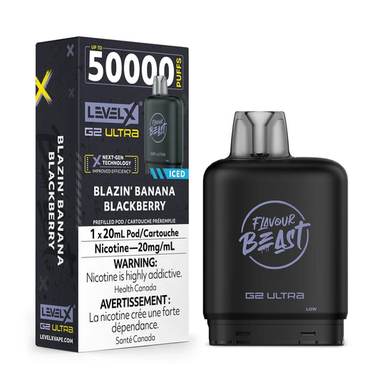 A Level X G2 Ultra Blazin' Banana Blackberry iced vape pod stands next to its black and yellow retail packaging, which displays the 50,000 puff count, nicotine warning, and product details.