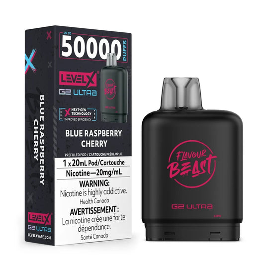 A black Level X G2 Ultra vape pod sits next to its matching product packaging, which features the text Blue Raspberry Cherry, 50000 Puffs, and a 20mg/mL nicotine warning label against a dark, stylized background.