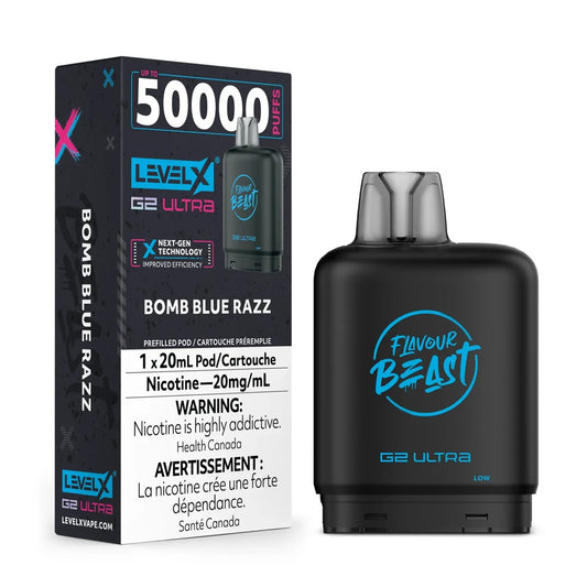 A Level X G2 Ultra Bomb Blue Razz vape pod stands next to its black and blue product packaging, which displays the 50,000 puff count, nicotine warning, and brand logos against a plain white background.