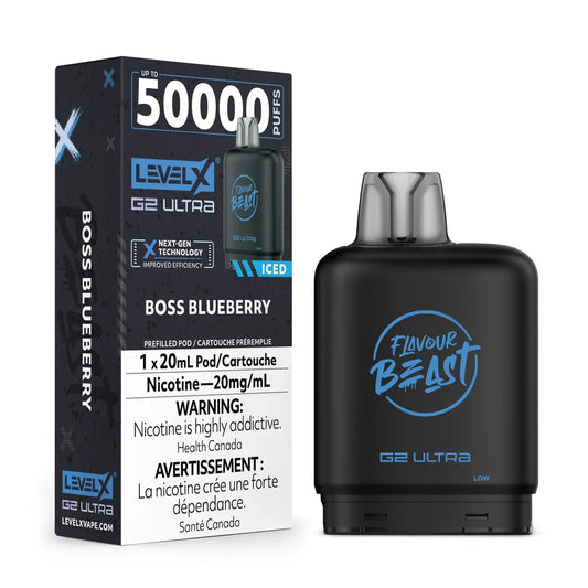 A Level X G2 Ultra Boss Blueberry Iced vape pod stands next to its black retail packaging, which features blue branding and displays the 50,000 puff capacity and 20mg/mL nicotine warning text.