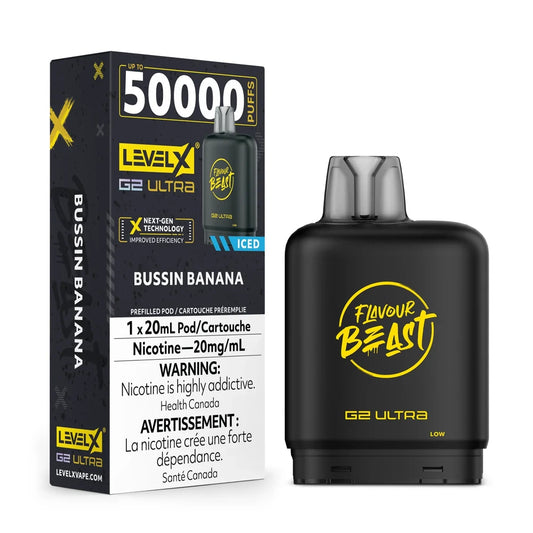 A black Level X G2 Ultra vape pod sits next to its matching product box, which features yellow and white branding, the flavor name Bussin Banana, and nicotine warning labels against a plain background.