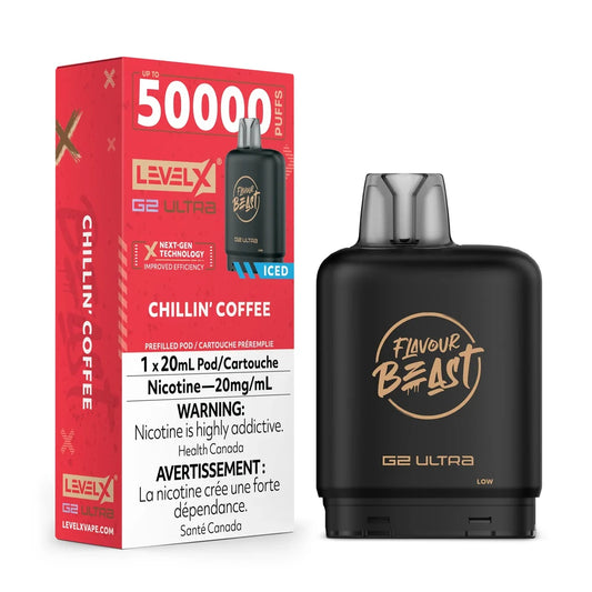 A Level X G2 Ultra Chillin’ Coffee iced vape pod stands next to its red and white product packaging, which features the Flavour Beast logo, a 50,000 puff count, and bilingual nicotine health warnings.