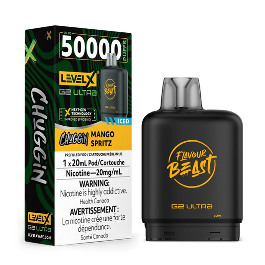 A Level X G2 Ultra 50,000 puff vape pod in Chuggin Mango Spritz flavor sits next to its black and green packaging, featuring a 20mL prefilled pod with 20mg/mL nicotine strength against a plain black background.