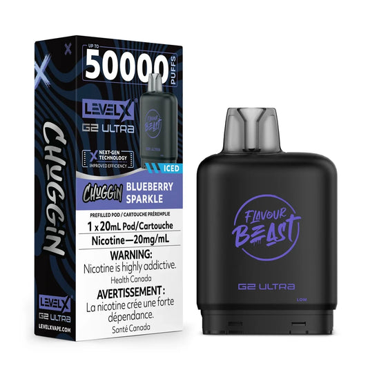A Level X G2 Ultra 50,000 puff vape pod in Chuggin Blueberry Sparkle flavor stands next to its black and blue patterned packaging, which displays the 20mg/mL nicotine concentration and Health Canada warning labels.