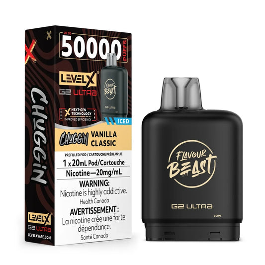 A Level X G2 Ultra Chuggin Vanilla Classic iced vape pod stands next to its black and tan product packaging, which displays the 50,000 puff count, nicotine warning, and brand logos against a dark, wavy background.