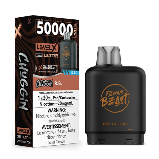 A Level X G2 Ultra 50K Chuggin R.B. Iced vape pod stands next to its black and brown product packaging, which features the Flavour Beast logo and nicotine warning text against a solid black background.