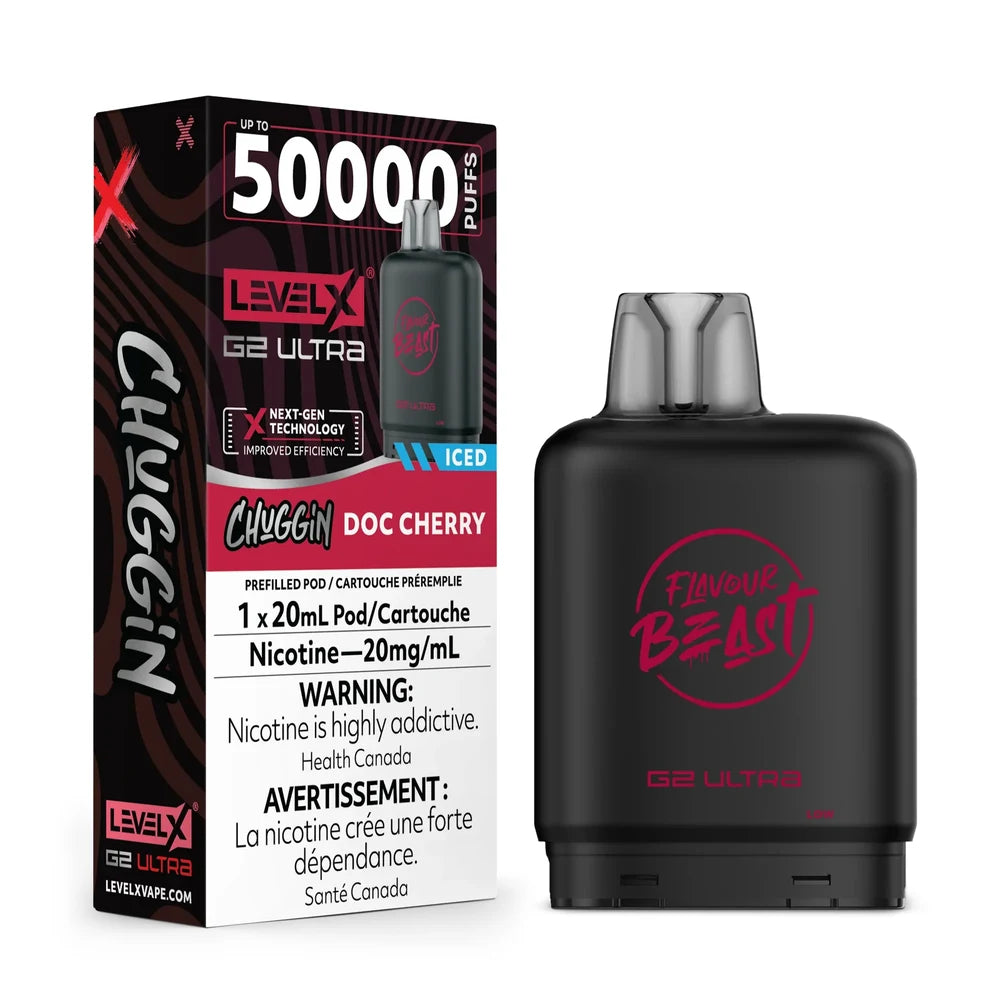 A Level X G2 Ultra Chuggin Doc Cherry iced vape pod sits next to its black and red packaging, which features the Flavour Beast logo and text indicating 50,000 puffs and a 20mg/mL nicotine concentration.