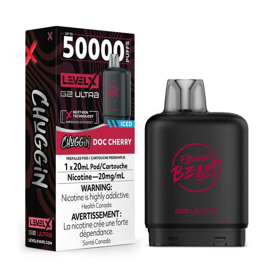 A Level X G2 Ultra Chuggin Doc Cherry iced vape pod sits next to its black and red packaging, which features the Flavour Beast logo and text indicating 50,000 puffs and a 20mg/mL nicotine concentration.