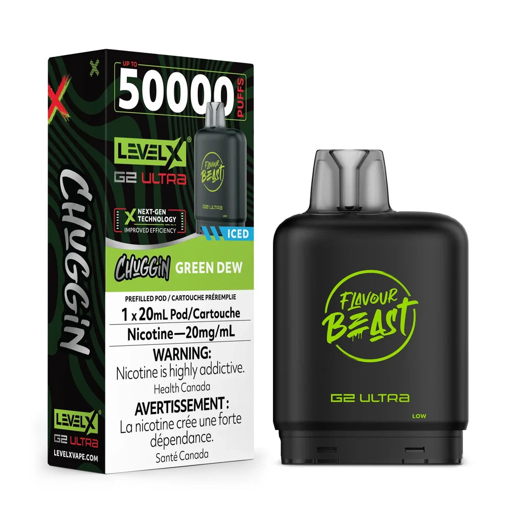 A Level X G2 Ultra Chuggin Green Dew iced vape pod sits next to its black and green packaging, which displays the 50,000 puff count, 20mL capacity, and 20mg/mL nicotine strength.