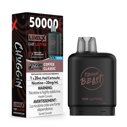 A Level X G2 Ultra Chuggin Coffee Classic iced vape pod sits next to its black and brown branded product packaging, which displays the 50,000 puff count, nicotine warning, and 20mg/mL concentration against a plain black background.
