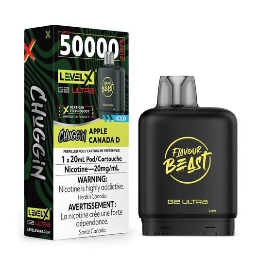 A Level X G2 Ultra 50,000 puff vape pod in Chuggin Apple Canada D Iced flavor stands next to its black and green branded packaging, which displays the 20mL capacity and 20mg/mL nicotine strength.