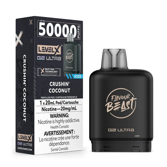 A black Flavour Beast Level X G2 Ultra vape pod sits next to its matching retail box, which features the product name Crushin' Coconut, a 50,000 puff count, and bilingual health warnings against a plain white background.