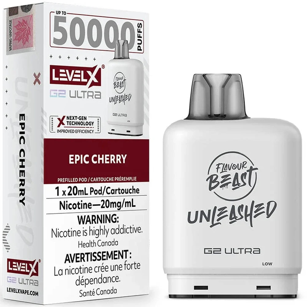 Level X G2 Ultra Epic Cherry vape pod shown next to its white and red packaging box, featuring