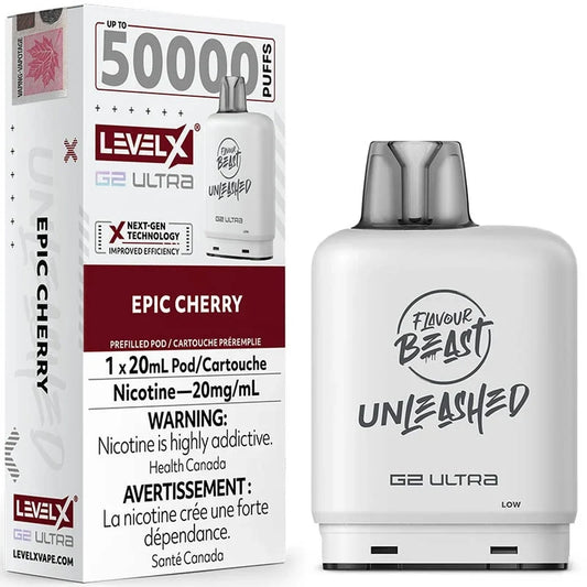 Level X G2 Ultra Epic Cherry vape pod shown next to its white and red packaging box, featuring