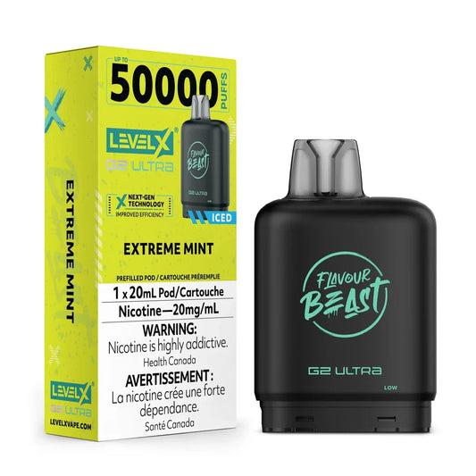 Level X G2 Ultra Extreme Mint vape pod in matte black with a teal Flavour Beast logo, shown next to its lime green and white 50,000 puff retail packaging.