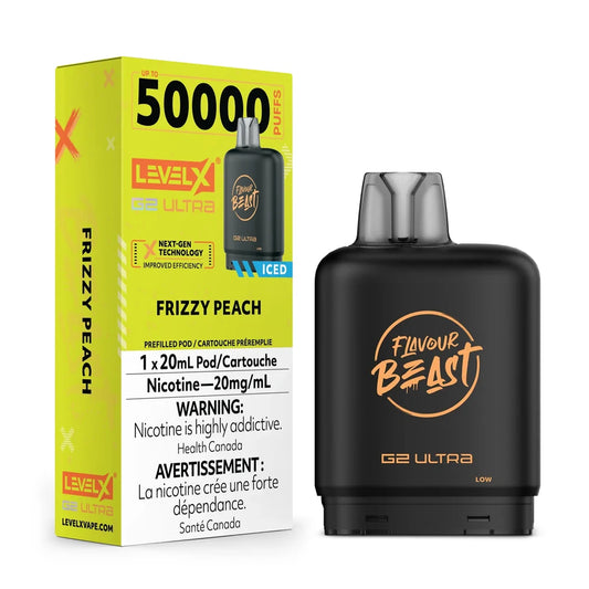 A Level X G2 Ultra Frizzy Peach iced vape pod stands next to its bright yellow packaging box, which features the Flavour Beast logo and lists the nicotine content and 50,000 puff capacity.