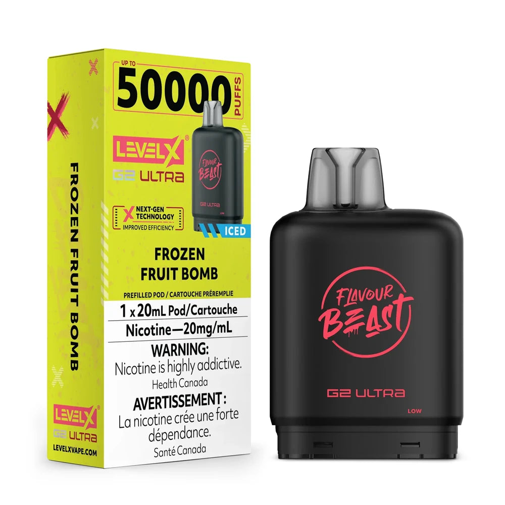 A Level X G2 Ultra Frozen Fruit Bomb vape pod stands next to its yellow and black retail packaging, which displays the Flavour Beast logo, 50,000 puff count, and nicotine warning text.
