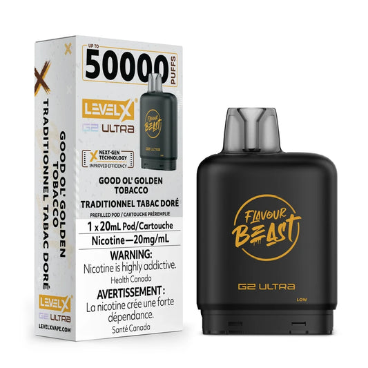A black Flavour Beast G2 Ultra vape pod stands next to its white retail packaging, which features the Level X branding, a 50,000 puff count, and Good Ol' Golden Tobacco flavor text in English and French.